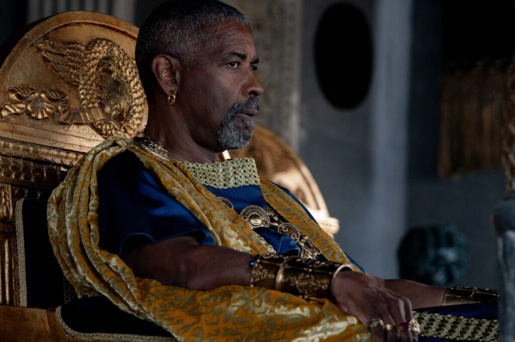 Macrinus' Reign of Power - Denzel Washington on the throne at Gladiator II - Filmotomy
